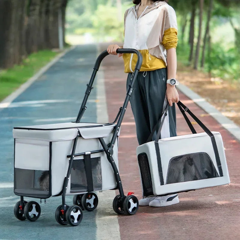 Carrinho multifuncional para animais de estimação, camada dupla, leve e dobrável, carrinho de viagem ao ar livre para animais de estimação, ventilado e respirável