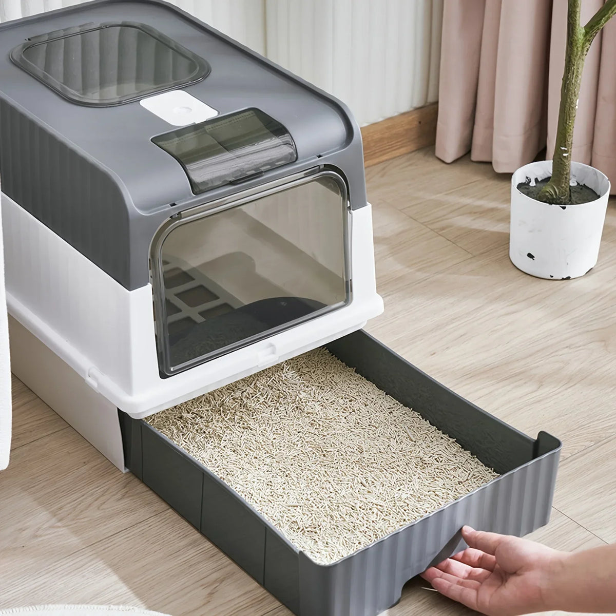 Panela dobrável portátil com protetor de respingos e colher de plástico, Pet Litter Box com tampa, fácil de limpar e montar